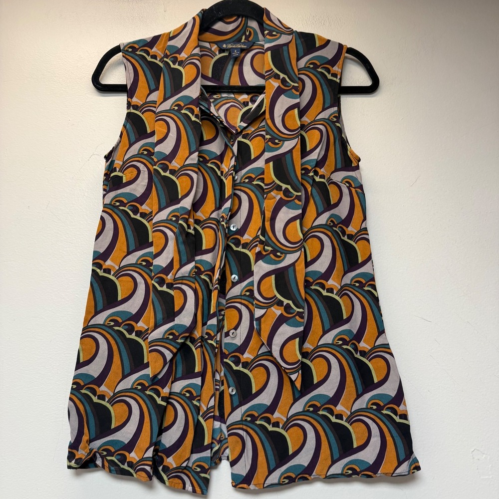 Brooks Brothers Blouse Women 2 Multicolor Excellent Silk Tie Neck Swirl Print